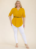 PLUS SIZE 3/4 SLEEVELESS BUTTON UP BELTED TUNIC BLOUSE