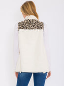 WOMEN'S SLEEVELESS OPEN FRONT POCKETS ANIMAL PRINT SHERPA VEST