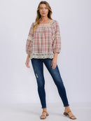 WOMEN'S LONG SLEEVE SQUARE NECK PLAID CROCHET TRIM BLOUSE