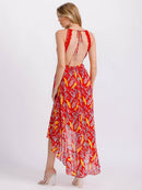 WOMEN'S SLEEVELESS V-NECK TRIM DETAILED OPEN BACK HIGH-LOW FLORAL MAXI DRESS