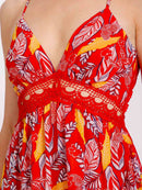 WOMEN'S SLEEVELESS V-NECK TRIM DETAILED OPEN BACK HIGH-LOW FLORAL MAXI DRESS