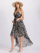 WOMEN'S SLEEVELESS V-NECK TRIM DETAILED OPEN BACK HIGH-LOW FLORAL MAXI DRESS