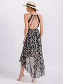 WOMEN'S SLEEVELESS V-NECK TRIM DETAILED OPEN BACK HIGH-LOW FLORAL MAXI DRESS