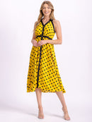 WOMEN'S SLEEVELESS HALTER NECK BUTTON UP POLKA DOTS COLORBLOCK MIDI DRESS