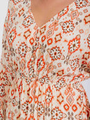 WOMEN'S LONG SLEEVE ELASTIC WAIST V-NECK MULTI PRINT MINI DRESS