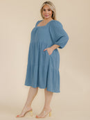 PLUS SIZE 3/4 SLEEVE FRONT POCKETS TIERED MIDI DRESS