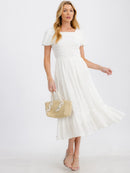 WOMEN'S SHORT SLEEVE SMOCK TIERED FRONT POCKETS MAXI DRESS