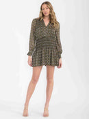 WOMEN'S LONG SLEEVE V-NECK SMOCK WAIST BUTTON UP PRINTED MINI DRESS