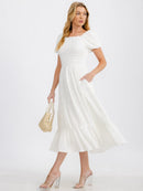 WOMEN'S SHORT SLEEVE SMOCK TIERED FRONT POCKETS MAXI DRESS