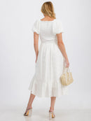 WOMEN'S SHORT SLEEVE SMOCK TIERED FRONT POCKETS MAXI DRESS