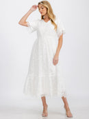 WOMEN'S SHORT SLEEVE V-NECK FRONT POCKETS ELASTIC WAIST FLORAL LACE MAXI DRESS