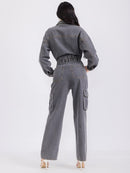 WOMEN'S LONG SLEEVE POCKETS BUTTON UP WIDE LEG DENIM JUMPSUIT
