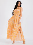 WOMEN'S SLEEVELESS ELASTIC WAIST SIDE SLIT FLORAL PRINT MAXI DRESS