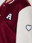 WOMEN'S LONG SLEEVE BUTTON CLOSURE FRONT POCKETS SHERPA COLORBLOCK VARSITY JACKET