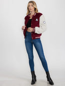WOMEN'S LONG SLEEVE BUTTON CLOSURE FRONT POCKETS SHERPA COLORBLOCK VARSITY JACKET
