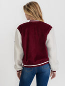 WOMEN'S LONG SLEEVE BUTTON CLOSURE FRONT POCKETS SHERPA COLORBLOCK VARSITY JACKET