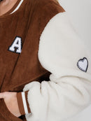 WOMEN'S LONG SLEEVE BUTTON CLOSURE FRONT POCKETS SHERPA COLORBLOCK VARSITY JACKET