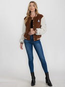 WOMEN'S LONG SLEEVE BUTTON CLOSURE FRONT POCKETS SHERPA COLORBLOCK VARSITY JACKET