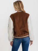WOMEN'S LONG SLEEVE BUTTON CLOSURE FRONT POCKETS SHERPA COLORBLOCK VARSITY JACKET