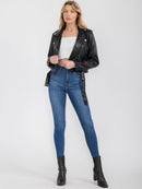 WOMEN'S LONG SLEEVE BUTTON CLOSURE FRONT POCKET STARS PU PLEATHER JACKET