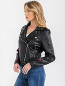 WOMEN'S LONG SLEEVE BUTTON CLOSURE FRONT POCKET STARS PU PLEATHER JACKET