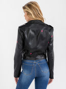 WOMEN'S LONG SLEEVE BUTTON CLOSURE FRONT POCKET STARS PU PLEATHER JACKET