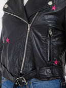 WOMEN'S LONG SLEEVE BUTTON CLOSURE FRONT POCKET STARS PU PLEATHER JACKET