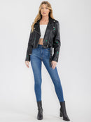 WOMEN'S LONG SLEEVE BUTTON CLOSURE FRONT POCKET STARS PU PLEATHER JACKET