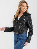 WOMEN'S LONG SLEEVE BUTTON CLOSURE FRONT POCKET STARS PU PLEATHER JACKET