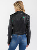 WOMEN'S LONG SLEEVE BUTTON CLOSURE FRONT POCKET STARS PU PLEATHER JACKET