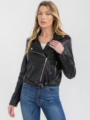 WOMEN'S LONG SLEEVE BUTTON CLOSURE FRONT POCKET PU PLEATHER JACKET