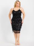 PLUS SIZE SLEEVELES V-NECK BODYCON FRINGE SEQUINS MIDI DRESS