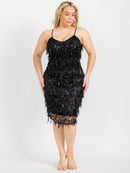 PLUS SIZE SLEEVELES V-NECK BODYCON FRINGE SEQUINS MIDI DRESS