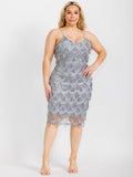 PLUS SIZE SLEEVELES V-NECK BODYCON FRINGE SEQUINS MIDI DRESS