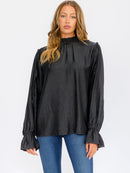 WOMEN'S LONG SLEEVE MOCK NECK CHAMBRAY BLOUSE