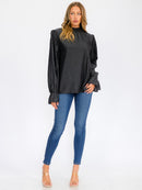 WOMEN'S LONG SLEEVE MOCK NECK CHAMBRAY BLOUSE