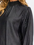 WOMEN'S LONG SLEEVE MOCK NECK CHAMBRAY BLOUSE