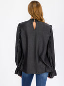 WOMEN'S LONG SLEEVE MOCK NECK CHAMBRAY BLOUSE