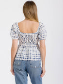 WOMEN'S SHORT PUFF SLEEVE ELASTIC WAIST PLAID PEPLUM TOP