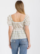 WOMEN'S SHORT PUFF SLEEVE ELASTIC WAIST PLAID PEPLUM TOP