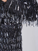 WOMEN'S LONG SLEEVE BUTTON CLOSURE FRONT POCKETS FRINGE SEQUINS BLAZER