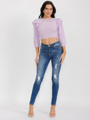 WOMEN'S 3/4 SLEEVES OPEN BACK RUFFLE EYELET CROP TOP
