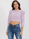 WOMEN'S 3/4 SLEEVES OPEN BACK RUFFLE EYELET CROP TOP