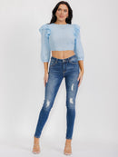WOMEN'S 3/4 SLEEVES OPEN BACK RUFFLE EYELET CROP TOP