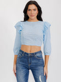 WOMEN'S 3/4 SLEEVES OPEN BACK RUFFLE EYELET CROP TOP
