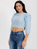 WOMEN'S 3/4 SLEEVES OPEN BACK RUFFLE EYELET CROP TOP