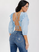 WOMEN'S 3/4 SLEEVES OPEN BACK RUFFLE EYELET CROP TOP