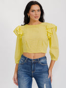 WOMEN'S 3/4 SLEEVES OPEN BACK RUFFLE EYELET CROP TOP