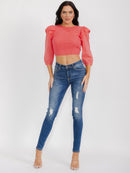 WOMEN'S 3/4 SLEEVES OPEN BACK RUFFLE EYELET CROP TOP