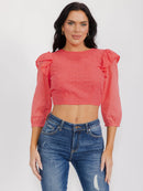 WOMEN'S 3/4 SLEEVES OPEN BACK RUFFLE EYELET CROP TOP